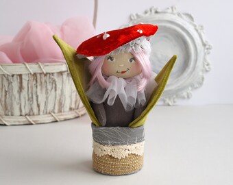 Fly agaric doll in a pot, Textile mushroom toy