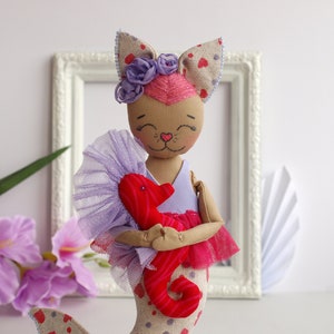 Cat mermaid doll 11.8 with a seahorse, Textile mercat doll, Soft toy cat, Plush toy cat image 3