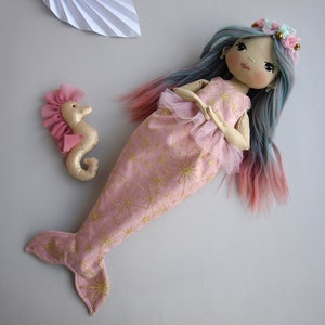 Dress up rag doll 12 with a seahorse, Mermaid doll image 3