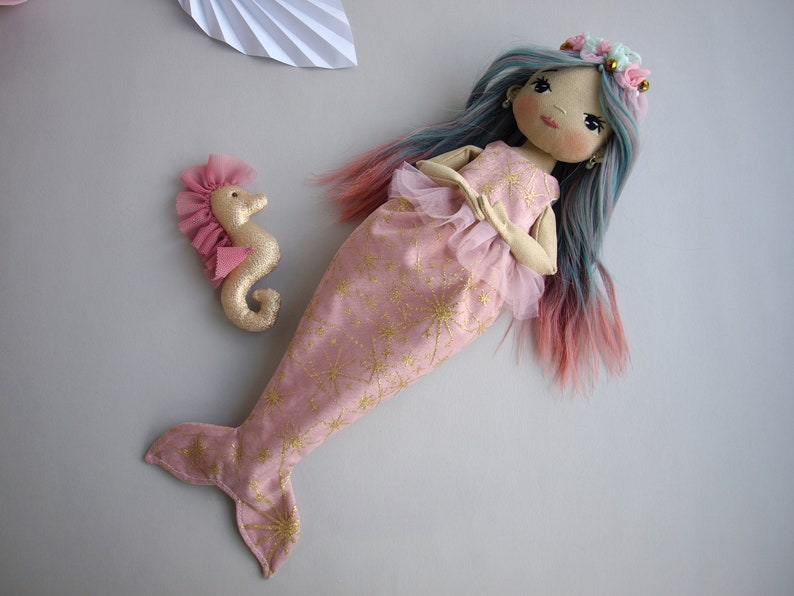 Dress up rag doll 12 with a seahorse, Mermaid doll image 3