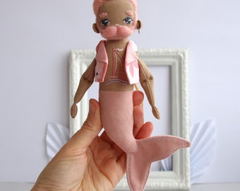 Merman doll 8.3", Mermaid boy, Mini man rag doll, Pocket doll with beard, Mermaid doll