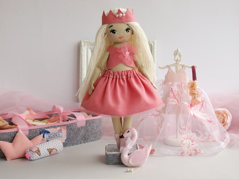 Dress up rag doll 12 with a cradle, a set of clothes and a swan, Mermaid doll, Doll set afbeelding 4