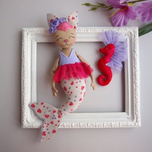 Cat mermaid doll 11.8 with a seahorse, Textile mercat doll, Soft toy cat, Plush toy cat image 2