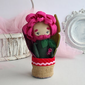 Peony doll boy, Bearded doll, Flower doll in a pot, Fabric flower toy image 9