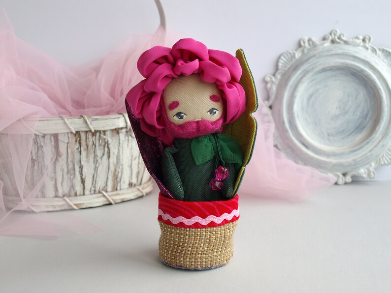Peony doll boy, Bearded doll, Flower doll in a pot, Fabric flower toy image 9