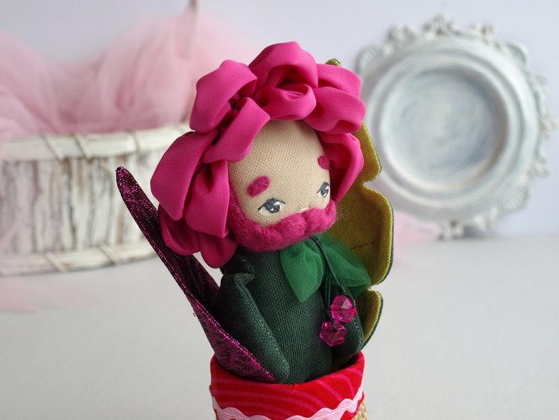 Peony doll boy, Bearded doll, Flower doll in a pot, Fabric flower toy image 2