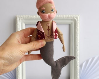 Merman doll 8.3", Mermaid boy, Mini Man doll, Doll with beard, Boy doll