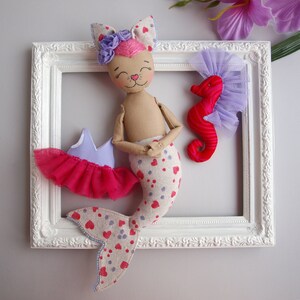Cat mermaid doll 11.8 with a seahorse, Textile mercat doll, Soft toy cat, Plush toy cat image 10