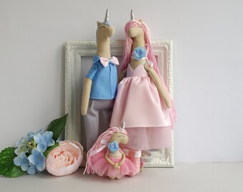 Unicorn family dolls, Dad doll and mom doll, Play doll set, Family of dolls