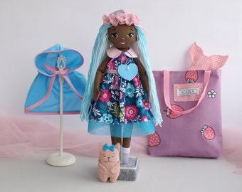 Dress up rag doll 12" with clothes and a cat