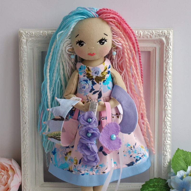 Dress up rag doll 12, Fabric doll with a set of clothes, Mermaid doll, Doll set image 8