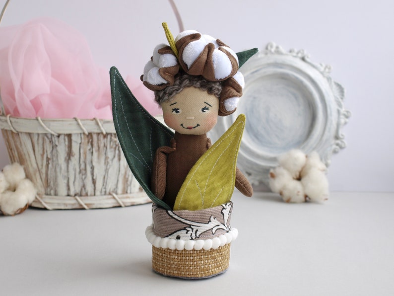 Cotton flower doll in a pot, Textile plant toy, Handmade cotton flowers image 1