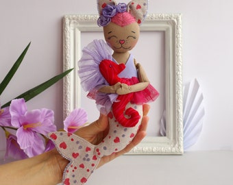 Cat mermaid doll 11.8" with a seahorse, Textile mercat doll, Soft toy cat, Plush toy cat