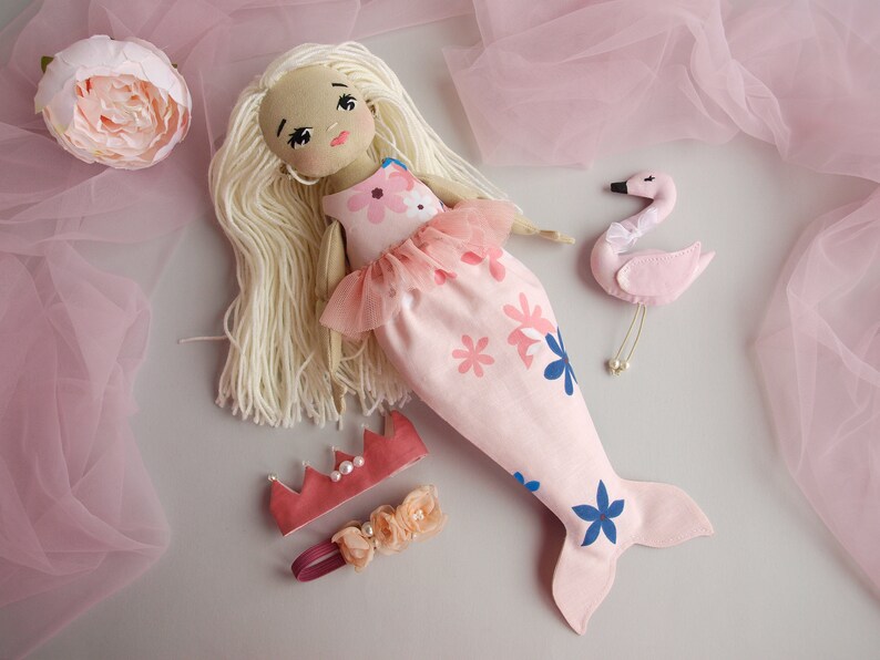 Dress up rag doll 12 with a cradle, a set of clothes and a swan, Mermaid doll, Doll set image 6