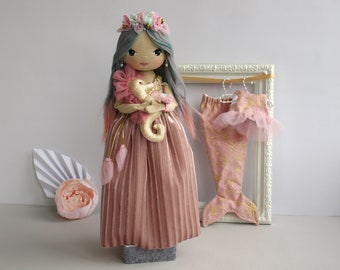 Dress up rag doll 12" with a seahorse, Mermaid doll