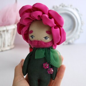 Peony doll boy, Bearded doll, Flower doll in a pot, Fabric flower toy image 4