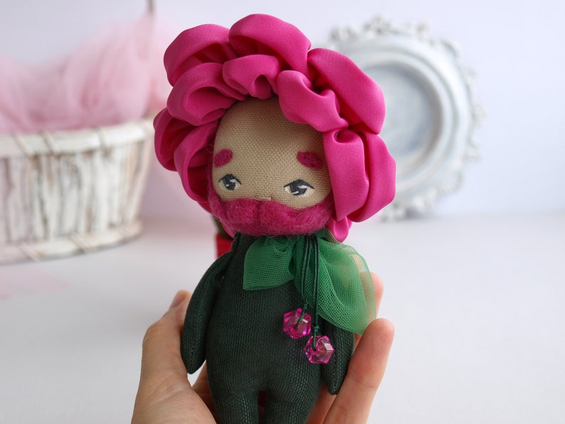 Peony doll boy, Bearded doll, Flower doll in a pot, Fabric flower toy image 4