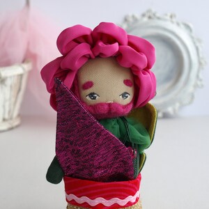 Peony doll boy, Bearded doll, Flower doll in a pot, Fabric flower toy image 7
