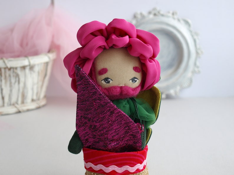 Peony doll boy, Bearded doll, Flower doll in a pot, Fabric flower toy image 7