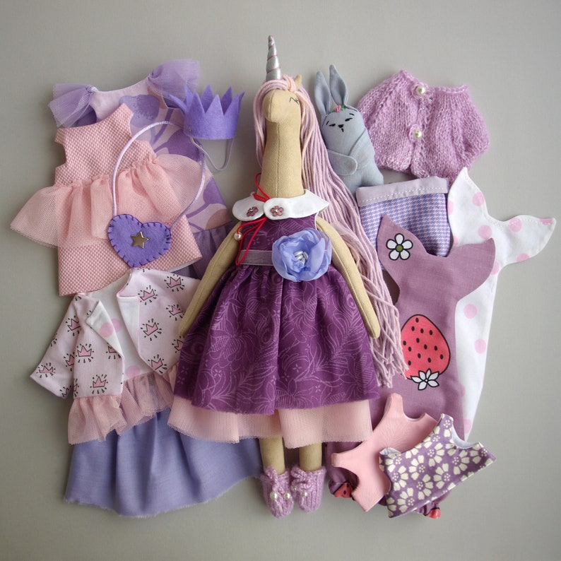 Textile unicorn doll with clothes, Dress up rag doll, Mermaid unicorn doll image 1