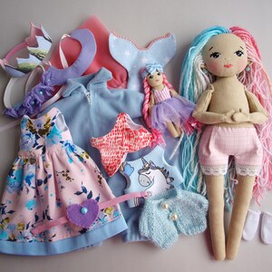 Dress up rag doll 12, Fabric doll with a set of clothes, Mermaid doll, Doll set image 9