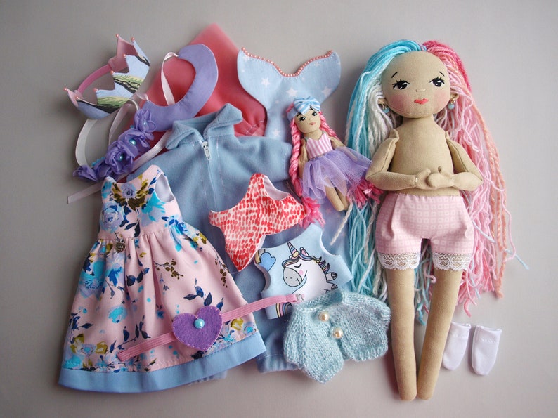 Dress up rag doll 12, Fabric doll with a set of clothes, Mermaid doll, Doll set image 9