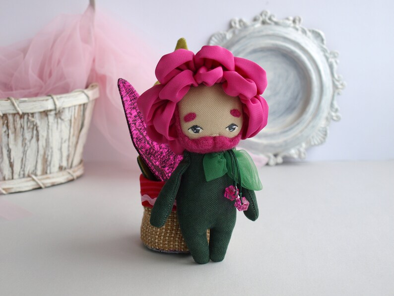 Peony doll boy, Bearded doll, Flower doll in a pot, Fabric flower toy image 3