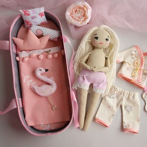 Dress up rag doll 12 with a cradle, a set of clothes and a swan, Mermaid doll, Doll set image 9