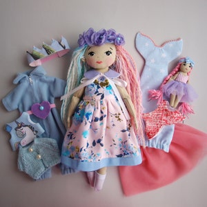 Dress up rag doll 12, Fabric doll with a set of clothes, Mermaid doll, Doll set image 1