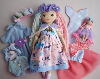 Dress up rag doll 12", Fabric doll with a set of clothes, Mermaid doll, Doll set