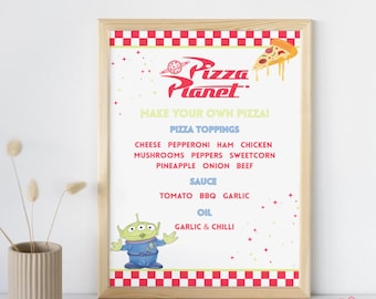 Pizza Planet Menü: Toy Story Partydekoration (Digitaler Download, A4/A5 Canva Vorlage)