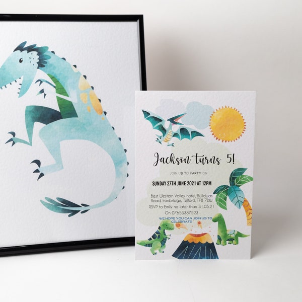 Children's party invitations and envelope - Dinosaur