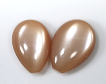 28.99 Carats! Natural Peach Moonstone Cabochon Drops. 20x14 & 21x15 MM Almond Pear. 2 Pieces Lot. Top Quality. Jewelry Making.
