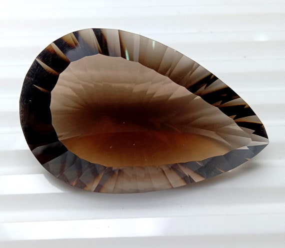 Concave Faceted Pear Smoky Quartz, 94.67 Carat Gemstone