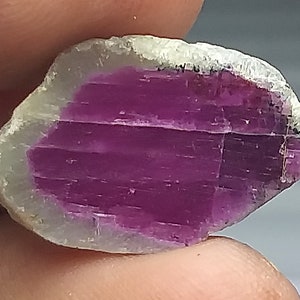 May include: A close-up of a raw gemstone. The stone features a vivid magenta core, encased by a pale, almost white, outer layer. The texture reveals natural lines and imperfections, emphasising its organic origin. The gemstone is held in a person's hand.