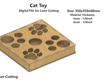 Puede incluir: Un juguete para gatos de madera con una base cuadrada y seis agujeros redondos. El juguete tiene dos huellas de patas cortadas en la madera. El juguete mide 35 cm por 35 cm y 6 cm de alto. El juguete está hecho para corte por láser.