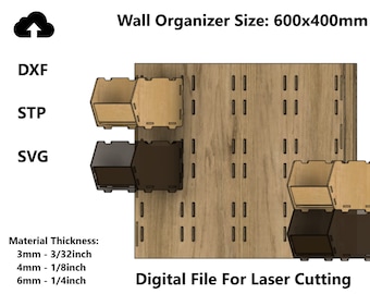 May include: A wooden wall organizer design with attached storage boxes. The design is for laser cutting and includes DXF, STP, and SVG file formats. The organizer measures 600x400mm, with material thickness options of 3mm, 4mm, and 6mm.