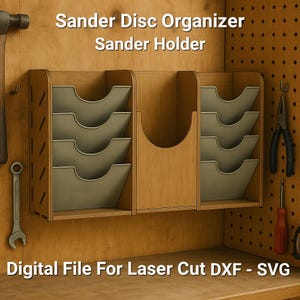 Supporto per organizzatore di dischi abrasivi - File digitale tagliato al laser - DXF SVG Cad - Supporto per levigatrice da appendere alla parete