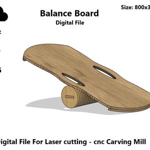 Puede incluir: Un archivo digital para corte por láser o tallado CNC de una tabla de equilibrio. La tabla está hecha de madera y tiene una forma redondeada. El archivo está disponible en formatos DXF, STP y SVG. La tabla mide 800 mm x 350 mm.