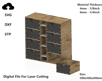 May include: A wooden drawer organizer with six drawers and a separate bottom drawer. The organizer is 20 inches tall, 20 inches wide, and 8 inches deep. The drawers are made of wood and have a black finish. The organizer is designed for laser cutting.
