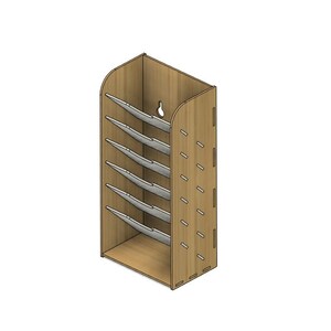 May include: A wooden wall-mounted organizer with six shelves for storing items. The shelves are angled to hold items securely. The organizer is made of light brown wood and has a hole at the top for hanging.