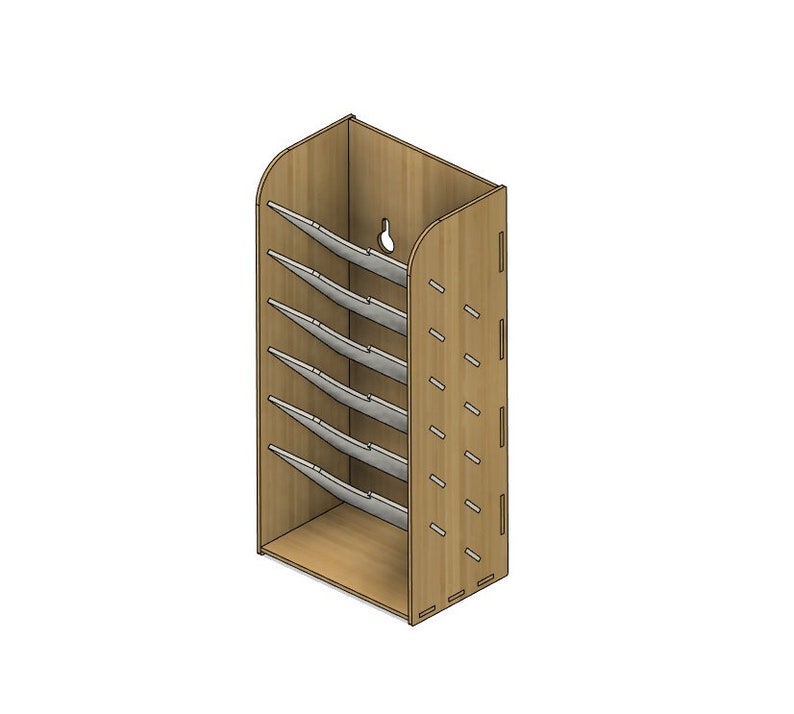 May include: A wooden wall-mounted organizer with six shelves for storing items. The shelves are angled to hold items securely. The organizer is made of light brown wood and has a hole at the top for hanging.