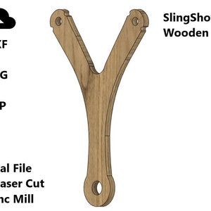 Puede incluir: Un juguete de tirachinas de madera, un archivo digital para corte por láser o fresado CNC. El archivo está disponible en los formatos DXF, SVG y STP.
