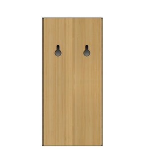 May include: A light brown wooden wall plaque with two keyhole-shaped cutouts for hanging.