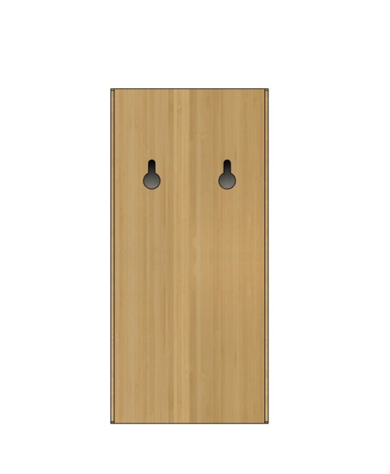 May include: A light brown wooden wall plaque with two keyhole-shaped cutouts for hanging.
