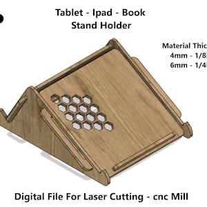 Peut inclure: Un support en bois pour tablette, iPad ou livre. Le support est en bois et présente un motif en nid d'abeille sur le dessus. Le support est conçu pour la découpe laser ou le fraisage CNC. L'épaisseur du matériau est de 4 mm (1/8 pouce) ou 6 mm (1/4 pouce).