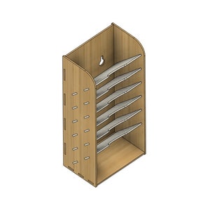 May include: A wooden wall-mounted organizer with seven shelves for storing items. The organizer has a hole at the top for hanging.