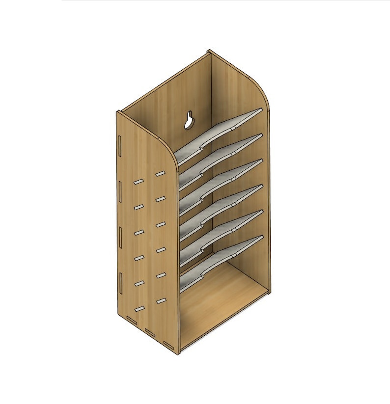 May include: A wooden wall-mounted organizer with seven shelves for storing items. The organizer has a hole at the top for hanging.
