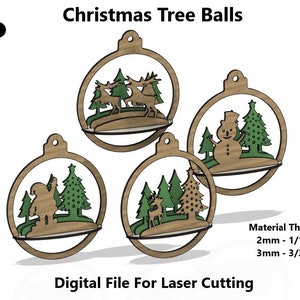May include: Three laser cut Christmas tree ornaments with different designs. The ornaments are made of wood and feature a snowman, reindeer, and a Christmas tree. The ornaments are designed for laser cutting and can be made with a material thickness of 2mm (1/16 inch) or 3mm (3/32 inch).
