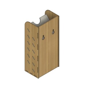 May include: A wooden wall-mounted storage unit with a decorative pattern on the front and two holes on the back for hanging.